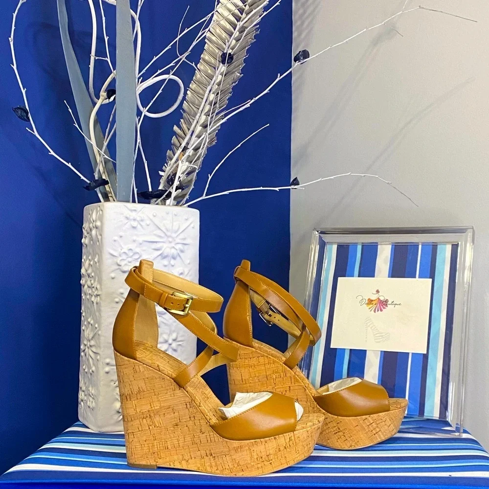 Michael Kors brown cork platform wedge strappy ankle high heel sandals Sz 10 - Picture 11 of 15